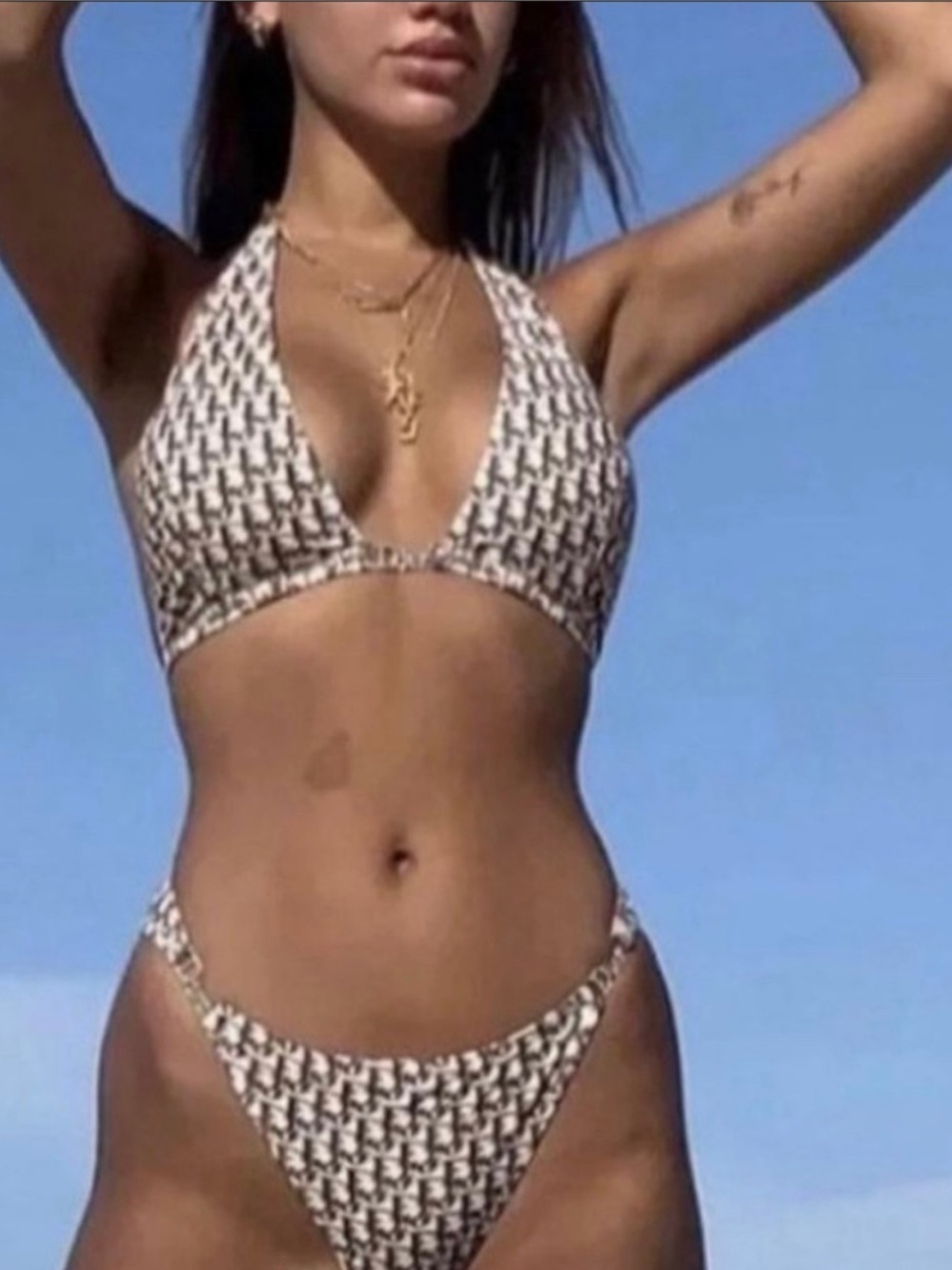 Christian Dior Brown & White Monogram Bikini With Rhinestone Accents, Size S